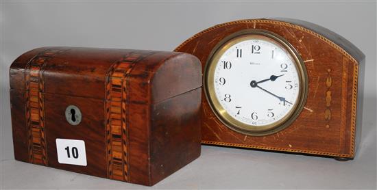 Inlaid tea caddy and Edwardian mantle clock